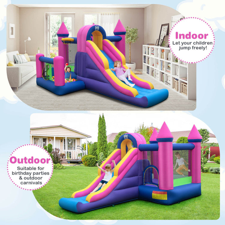 Outdoor Kids 7-in-1 Kids Inflatable Bounce House with Long Slide and 735W Blower