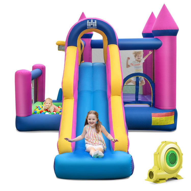 Outdoor Kids 7-in-1 Kids Inflatable Bounce House with Long Slide and 735W Blower