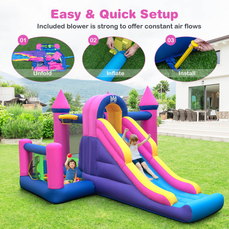 Outdoor Kids 7-in-1 Kids Inflatable Bounce House with Long Slide and 735W Blower