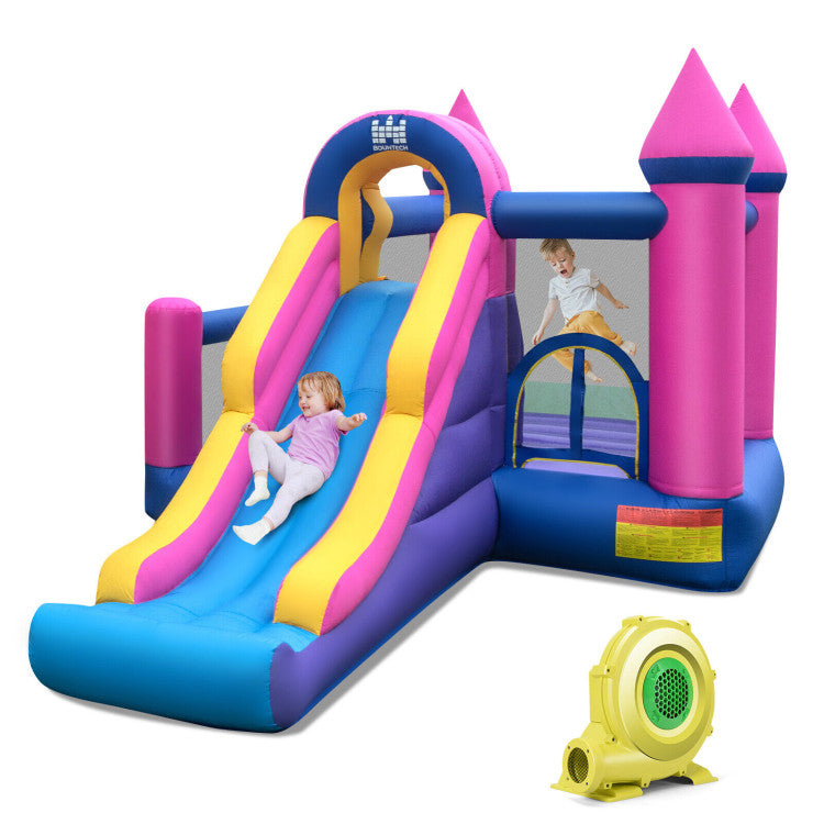 Outdoor Kids 7-in-1 Kids Inflatable Bounce House with Long Slide and 735W Blower
