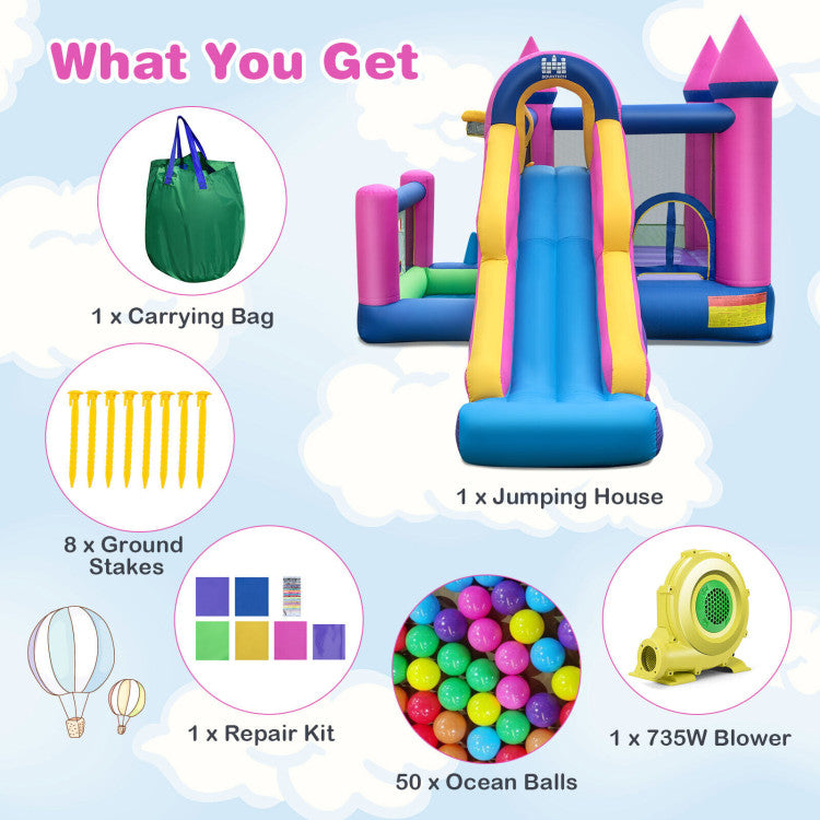 Outdoor Kids 7-in-1 Kids Inflatable Bounce House with Long Slide and 735W Blower