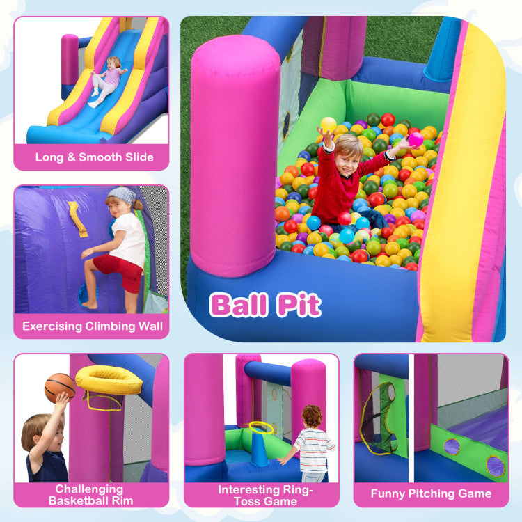 Outdoor Kids 7-in-1 Kids Inflatable Bounce House with Long Slide and 735W Blower