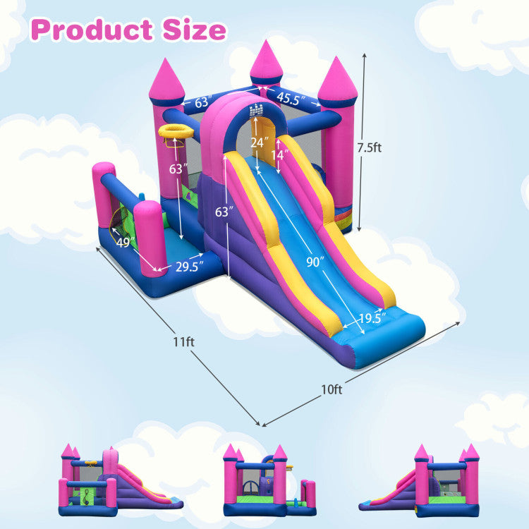 Outdoor Kids 7-in-1 Kids Inflatable Bounce House with Long Slide and 735W Blower
