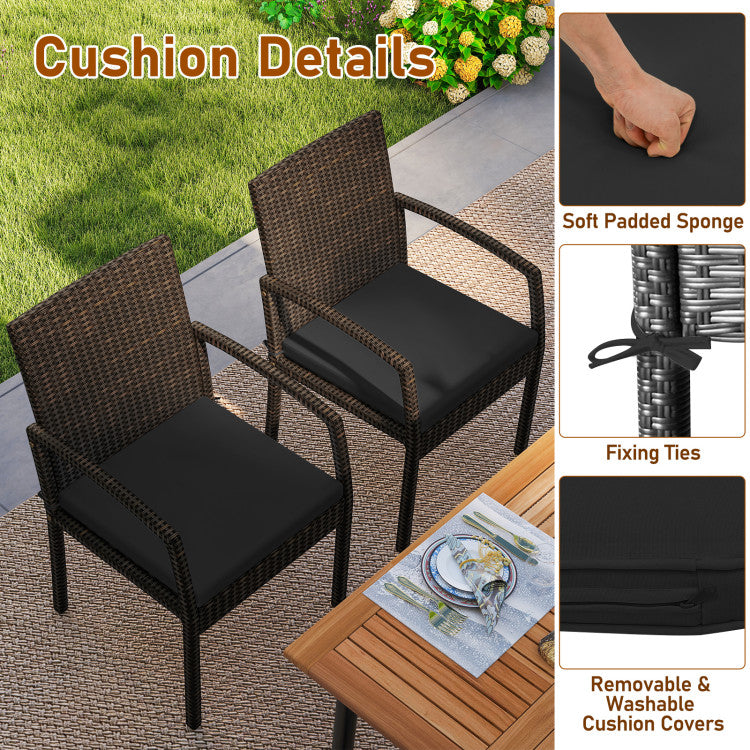 New 7 Pieces Outdoor Dining Set Acacia Wood Table with Umbrella Hole and Cushions