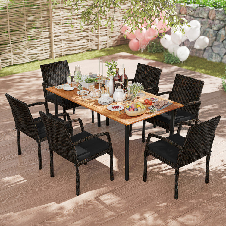 New 7 Pieces Outdoor Dining Set Acacia Wood Table with Umbrella Hole and Cushions