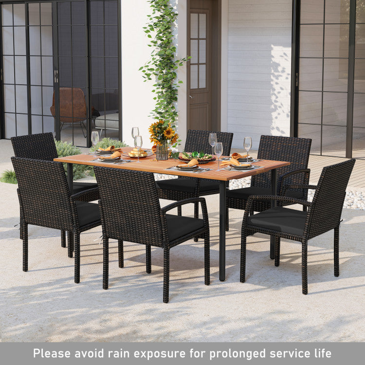 New 7 Pieces Outdoor Dining Set Acacia Wood Table with Umbrella Hole and Cushions