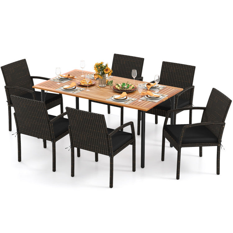 New 7 Pieces Outdoor Dining Set Acacia Wood Table with Umbrella Hole and Cushions