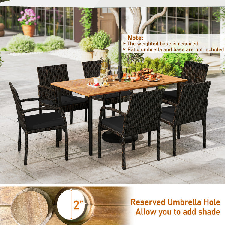 New 7 Pieces Outdoor Dining Set Acacia Wood Table with Umbrella Hole and Cushions