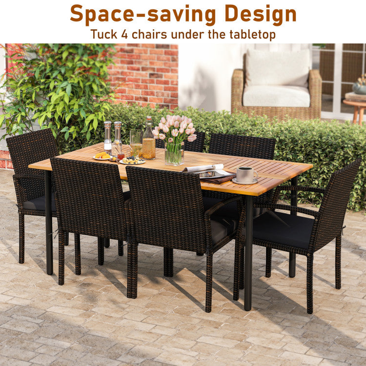 New 7 Pieces Outdoor Dining Set Acacia Wood Table with Umbrella Hole and Cushions