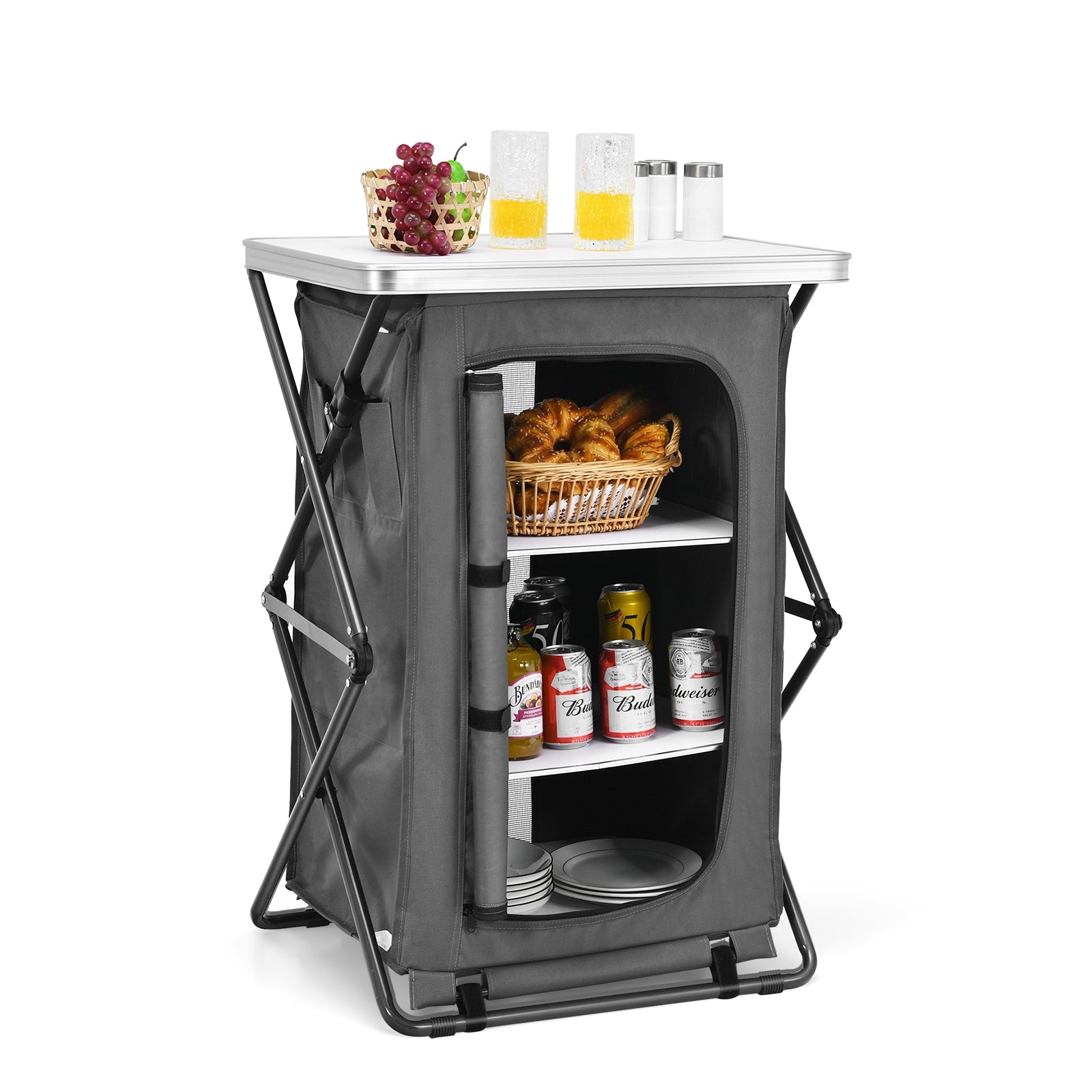 Outdoor Folding Camping Storage Cabinet with 3 Shelves and Carry Bag