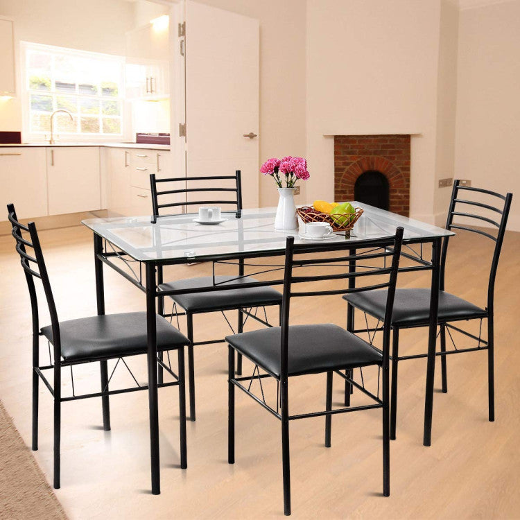 Modern 5 Pieces Dining Set with Tempered Glass Top Table and 4 Upholstered Chairs