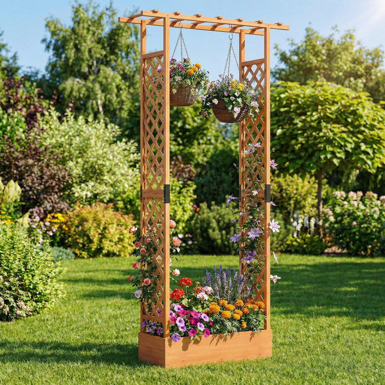 Outdoor 89 Inch Tall Wooden Raised Garden Bed with Side Trellis and Hanging Roof Drainage Holes