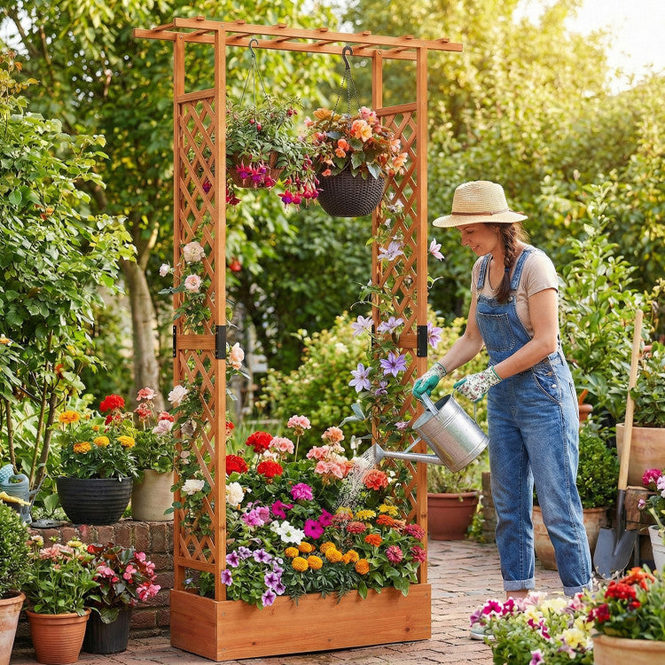 Outdoor 89 Inch Tall Wooden Raised Garden Bed with Side Trellis and Hanging Roof Drainage Holes