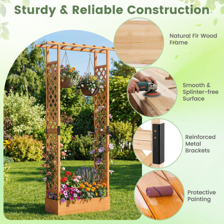 Outdoor 89 Inch Tall Wooden Raised Garden Bed with Side Trellis and Hanging Roof Drainage Holes