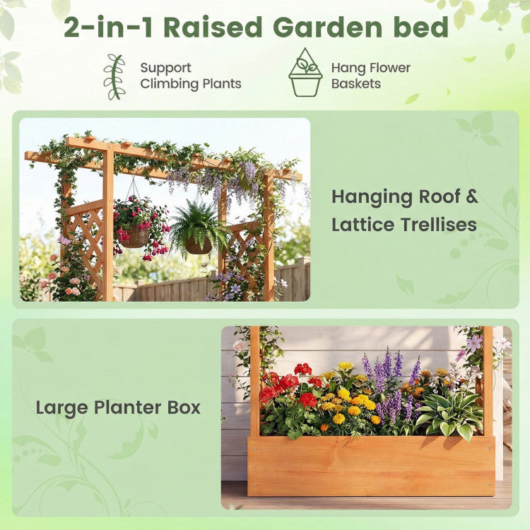 Outdoor 89 Inch Tall Wooden Raised Garden Bed with Side Trellis and Hanging Roof Drainage Holes