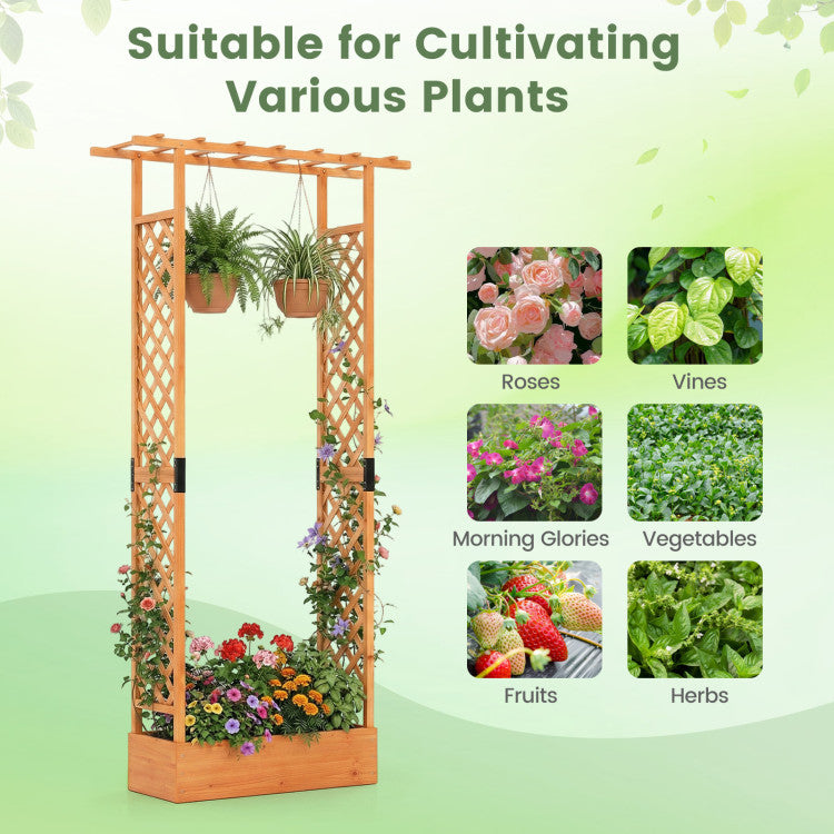 Outdoor 89 Inch Tall Wooden Raised Garden Bed with Side Trellis and Hanging Roof Drainage Holes