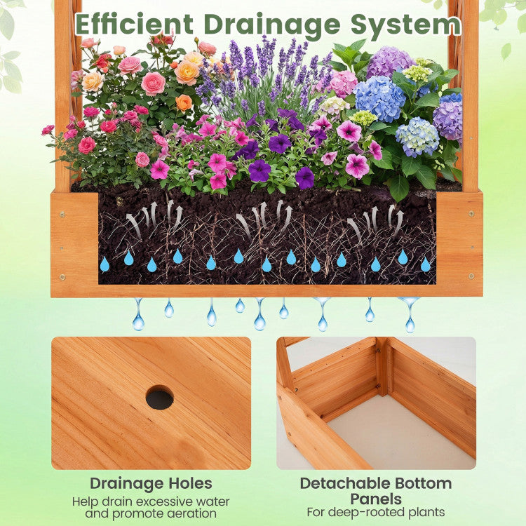 Outdoor 89 Inch Tall Wooden Raised Garden Bed with Side Trellis and Hanging Roof Drainage Holes