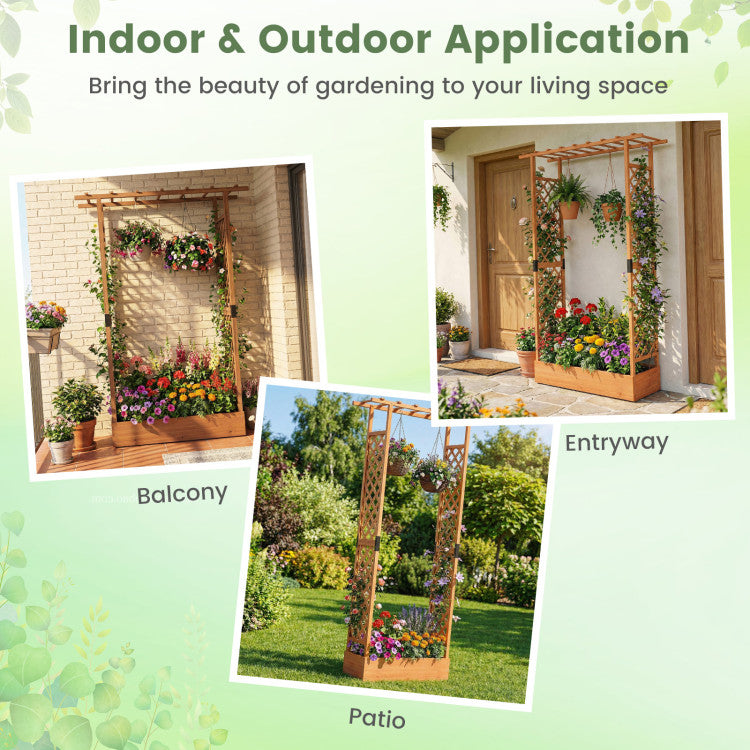 Outdoor 89 Inch Tall Wooden Raised Garden Bed with Side Trellis and Hanging Roof Drainage Holes