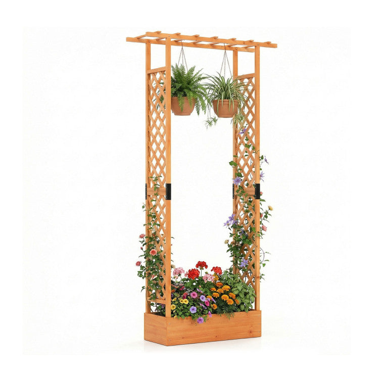 Outdoor 89 Inch Tall Wooden Raised Garden Bed with Side Trellis and Hanging Roof Drainage Holes