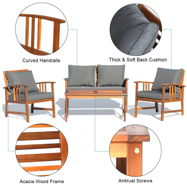 Outdoor 4 Pieces Wooden Patio Sofa Chair Set with Cushion