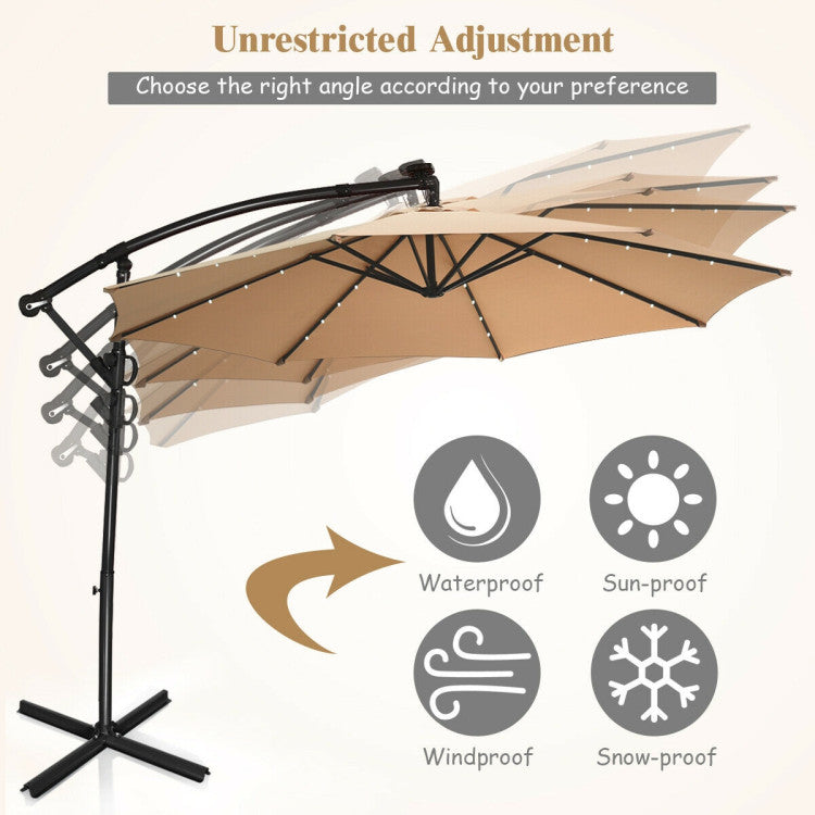 Outdoor 10 Feet 360° Rotation Solar Powered LED Patio Offset Umbrella without Weight Base