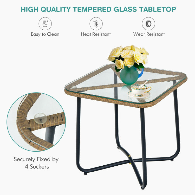New Outdoor 3-Piece Patio Bistro Set with 2 Rattan Chairs and Square Glass Coffee Table