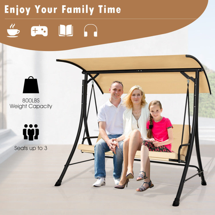 Outdoor 3-Seat Outdoor Porch Swing with Adjustable Canopy and Padded Cushions