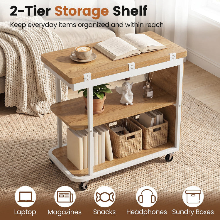 New Mobile Night Stand with Foldable Swivel Top and 2-Tier Shelf for Small Spaces