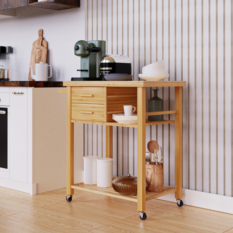 Modern Bamboo Kitchen Trolley Cart with Tower Rack and Drawers