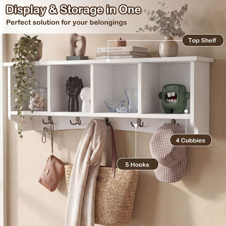 New Wall-Mounted Wooden Shelf Coat Rack with 4 Cubbies and 5 Double Hooks