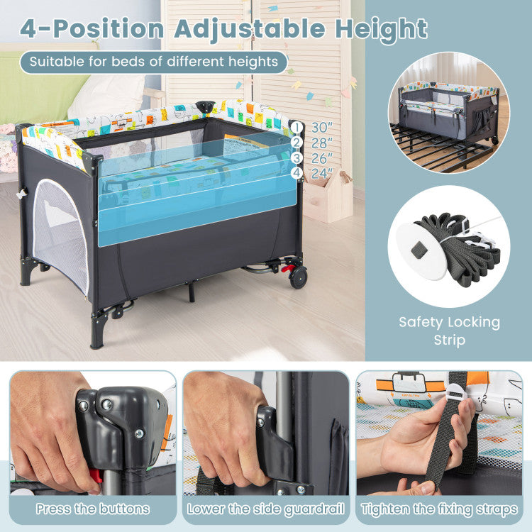 5-in-1 Foldable Baby Playpen Bedside Crib with Music Box