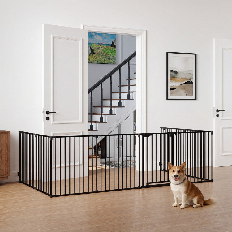 Pet 8-Panel Extra Wide Baby Gate Adjustable Pet Safety Fence with Auto-close Door