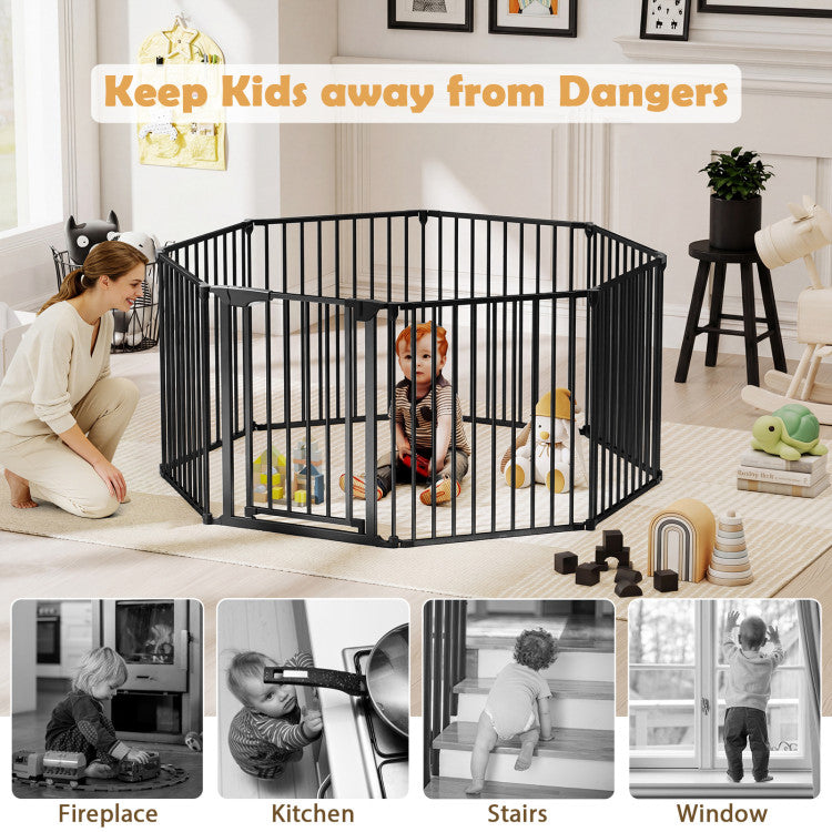 Pet 8-Panel Extra Wide Baby Gate Adjustable Pet Safety Fence with Auto-close Door