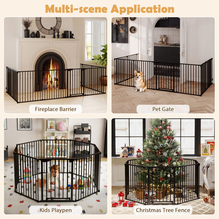 Pet 8-Panel Extra Wide Baby Gate Adjustable Pet Safety Fence with Auto-close Door