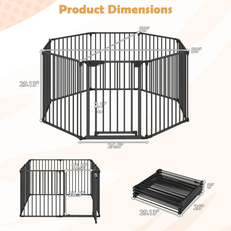 Pet 8-Panel Extra Wide Baby Gate Adjustable Pet Safety Fence with Auto-close Door
