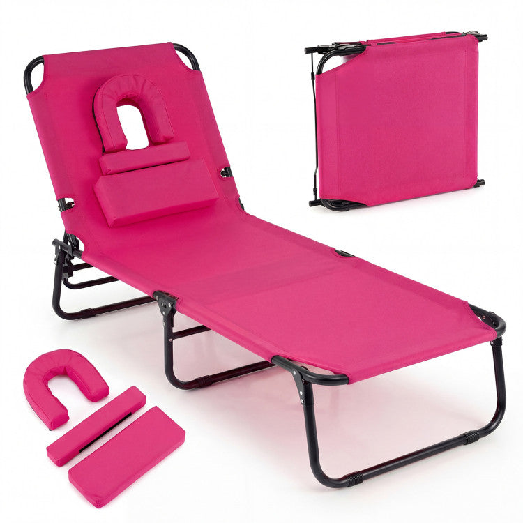 Outdoor Folding Face Down Tanning Chair with Face Hole 3 Removable Pillows