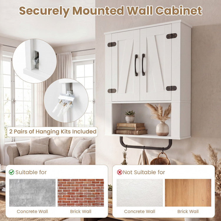 New Bathroom Wall Cabinet with 2 Barn Doors and Towel Bar and 3-Tier Wooden Storage