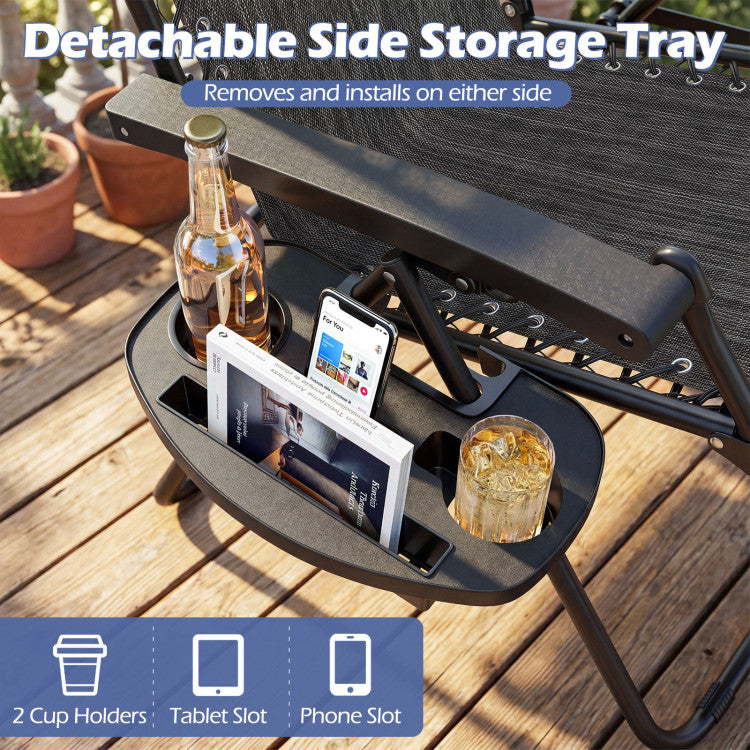 New Set of 2 Portable Zero Gravity Chairs with Cup Holder Trays and Backrest Set of 2