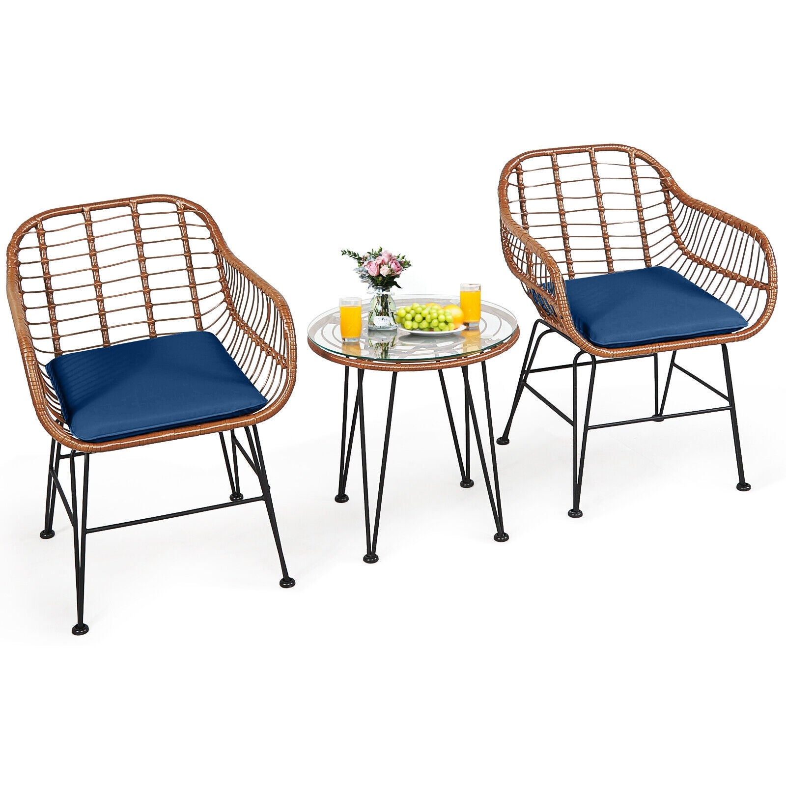 3 Pieces Patio Rattan Bistro Set with Cushion