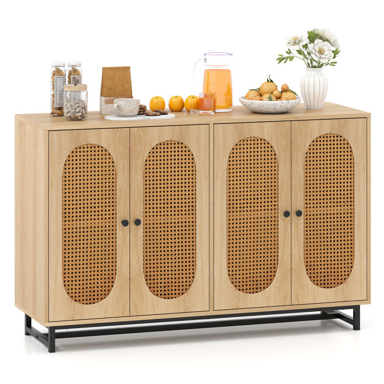 Home 50 Inch Buffet Sideboard Cabinet with 4 Rattan Doors and Adjustable Shelves