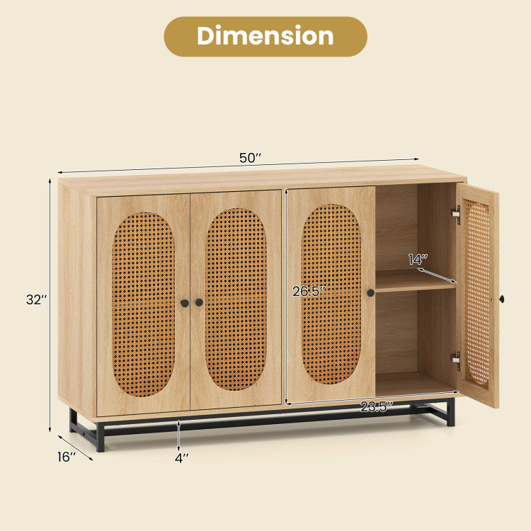 Home 50 Inch Buffet Sideboard Cabinet with 4 Rattan Doors and Adjustable Shelves
