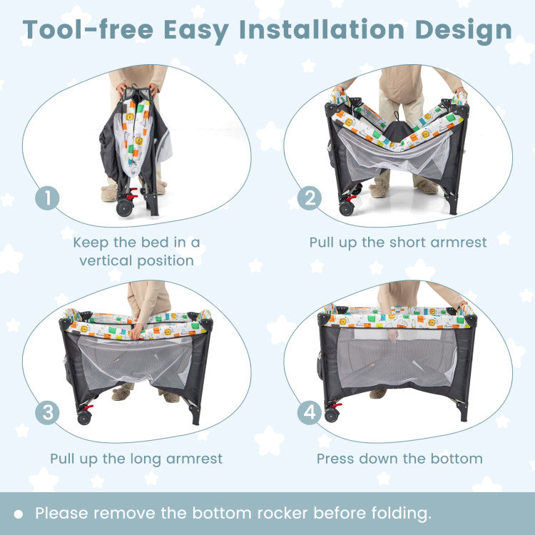 5-in-1 Foldable Baby Playpen Bedside Crib with Music Box