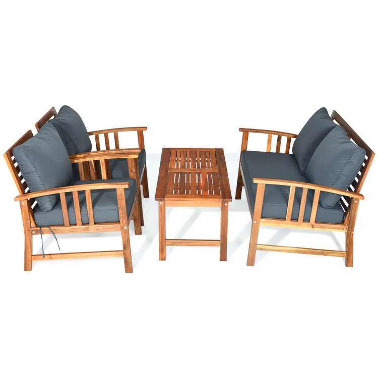 Outdoor 4 Pieces Wooden Patio Sofa Chair Set with Cushion