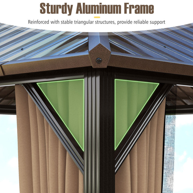 10 x 10 Feet Hardtop Gazebo with Netting and Curtain and Double-Roof Galvanized Metal Top