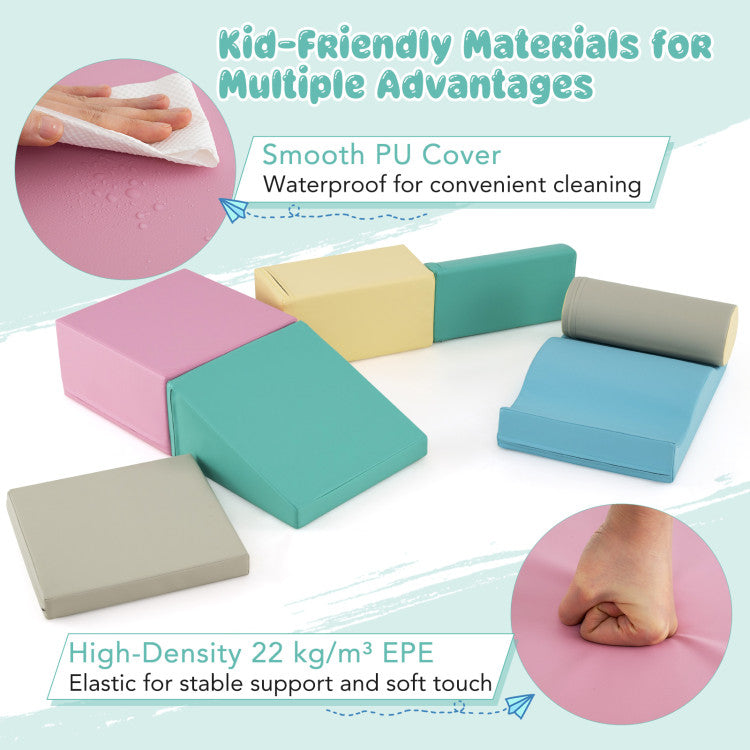 7-Piece Soft Play Equipment with Zippered PU Cover Indoor Foam Climbing Blocks