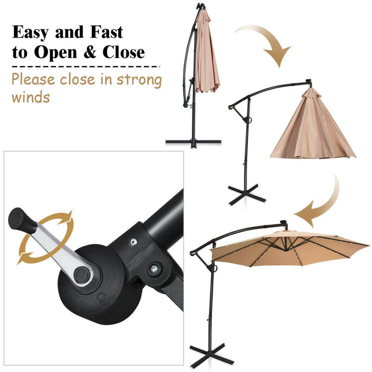 Outdoor 10 Feet 360° Rotation Solar Powered LED Patio Offset Umbrella without Weight Base