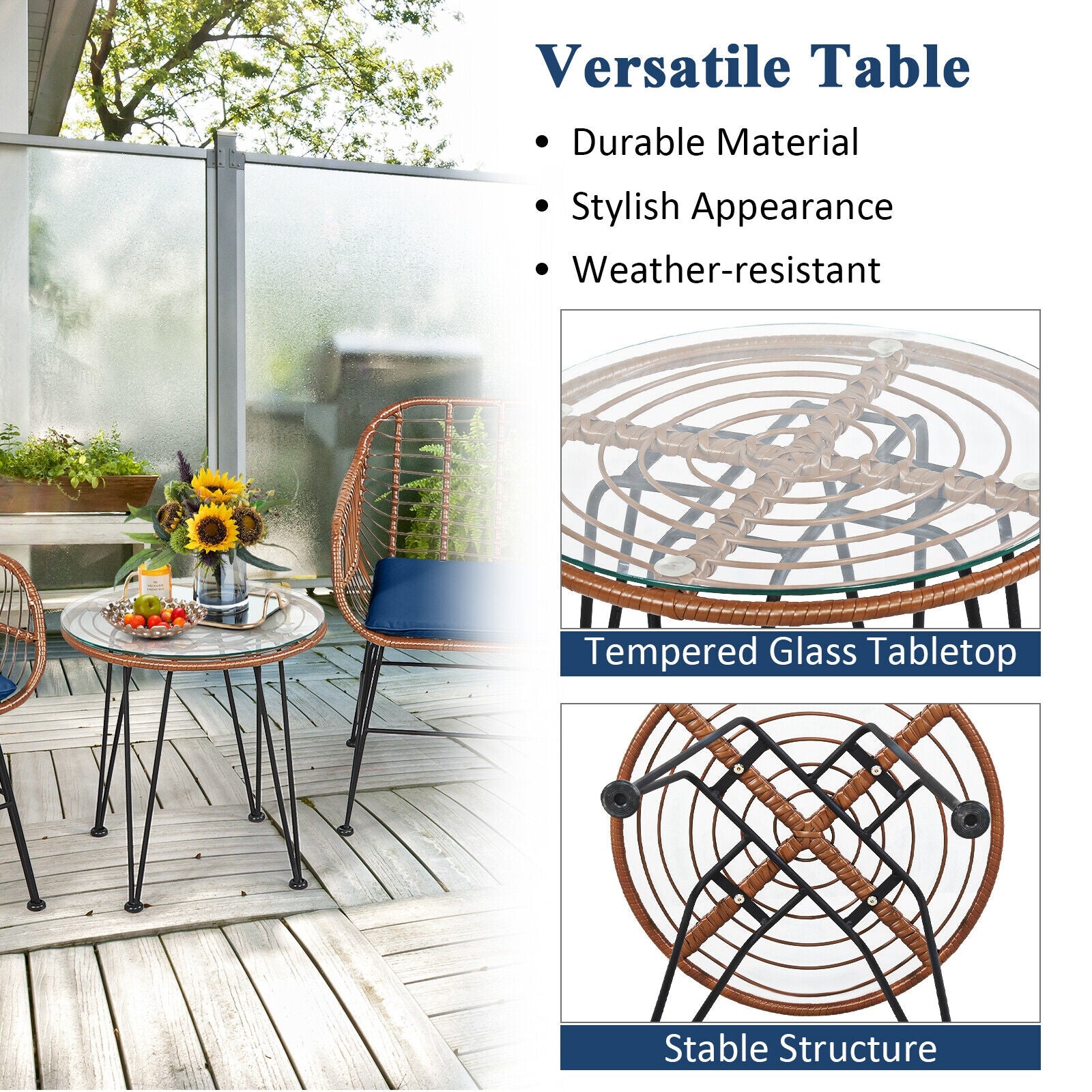 3 Pieces Patio Rattan Bistro Set with Cushion