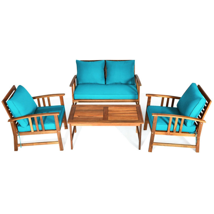 Outdoor 4 Pieces Wooden Patio Sofa Chair Set with Cushion