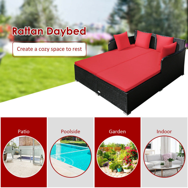 Outdoor Spacious Outdoor Rattan Daybed with Upholstered Cushions and Pillows