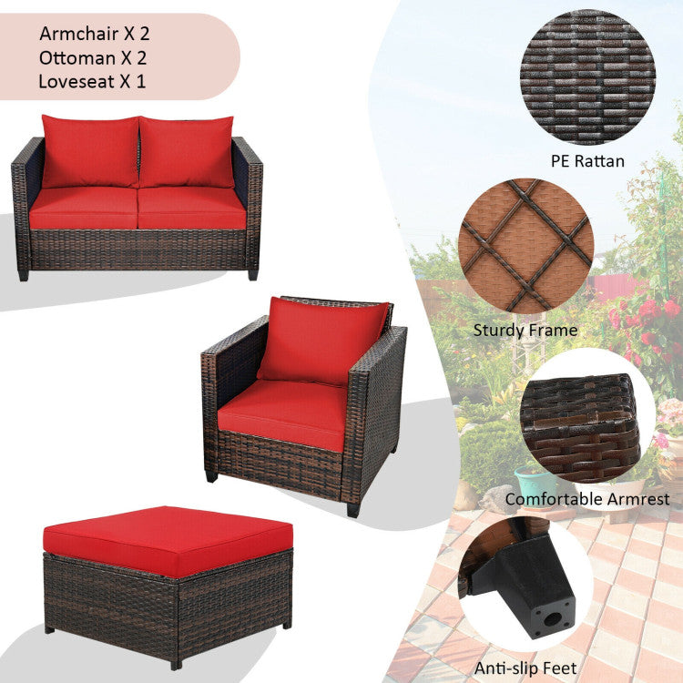 Outdoor 5 Pieces Patio Rattan Furniture Set with Removable Cushions